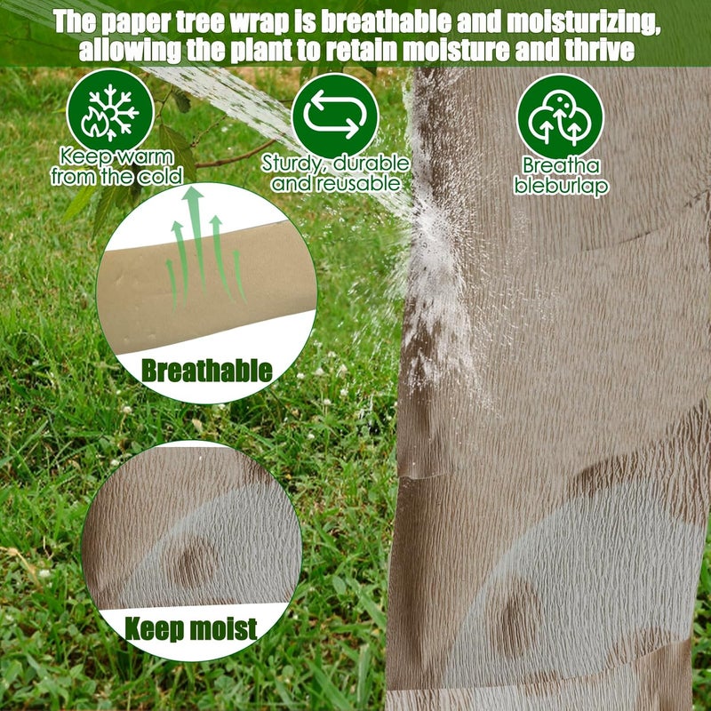 Vecacosic 213 Ft Paper Tree Wrap For Damaged Bark, Weather Resistant Tree Trunk Protectors Wraps To Protect Bark, Breathable Tree Bark Repair Wrap Bandage For Frost, Sun And Deer Animals, With Tape (3.93" Wide) - Image 3